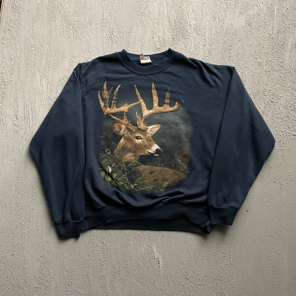 Vintage Deer Graphic Sweatshirt Mens XL Navy Blue 90s R&R Sport